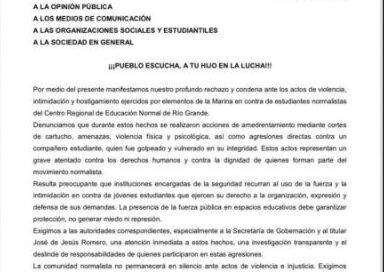 Denuncian agresión de marinos a normalistas